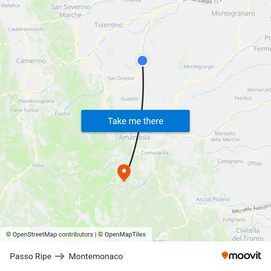 Passo Ripe to Montemonaco map
