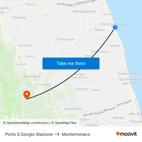 Porto San Giorgio Station to Montemonaco map