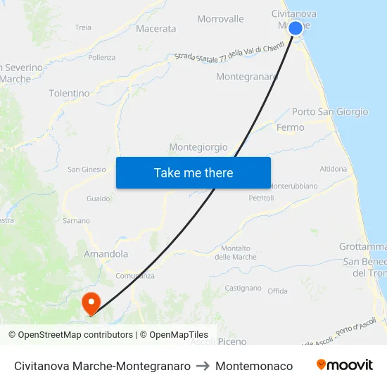 Civitanova Marche-Montegranaro to Montemonaco map