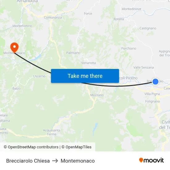 Brecciarolo Church to Montemonaco map