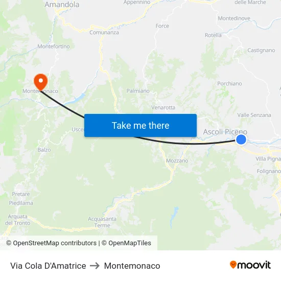 Via Cola D'Amatrice to Montemonaco map