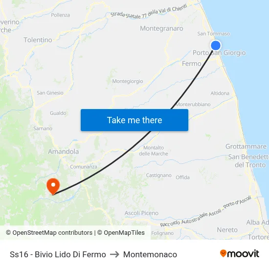 Highway 16 - Lido Di Fermo Junction to Montemonaco map