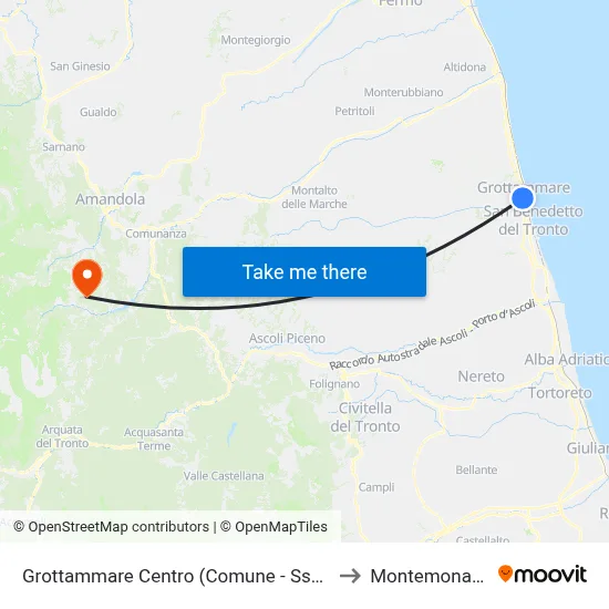 Grottammare Center (City Hall - SS16) to Montemonaco map