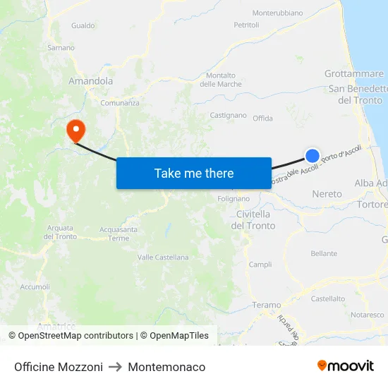 Mozzoni Workshops to Montemonaco map