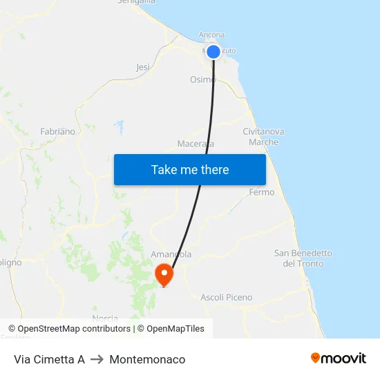 Via Cimetta A to Montemonaco map