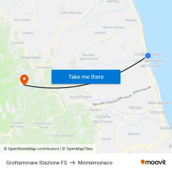 Grottammare Railway Station to Montemonaco map