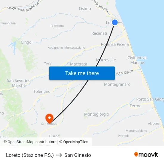 Loreto (Stazione F.S.) to San Ginesio map