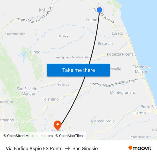 Via Farfisa Aspio FS Ponte to San Ginesio map