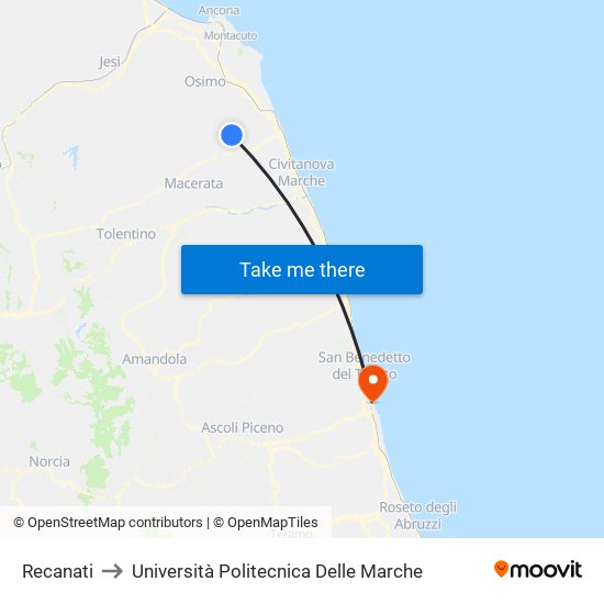 Recanati to Università Politecnica Delle Marche map
