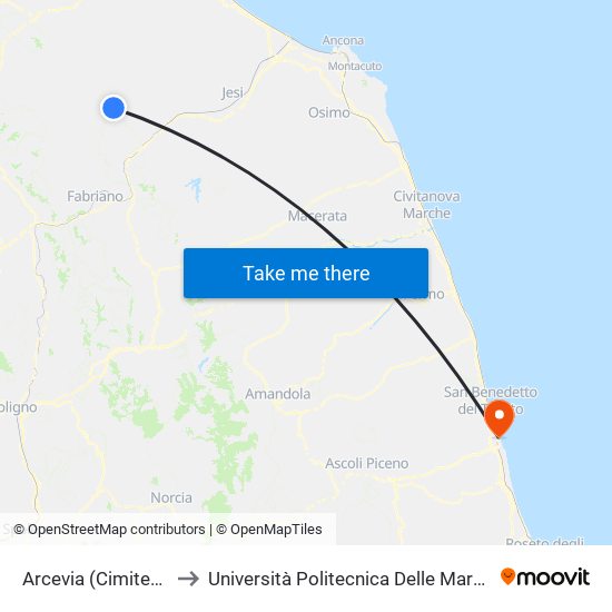 Arcevia (Cimitero) to Università Politecnica Delle Marche map