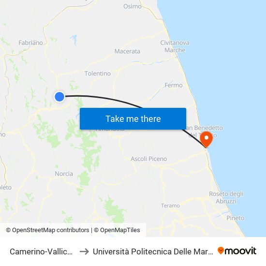 Camerino-Vallicelle to Università Politecnica Delle Marche map