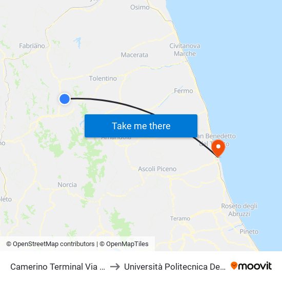 Camerino Terminal Via Le Mosse to Università Politecnica Delle Marche map