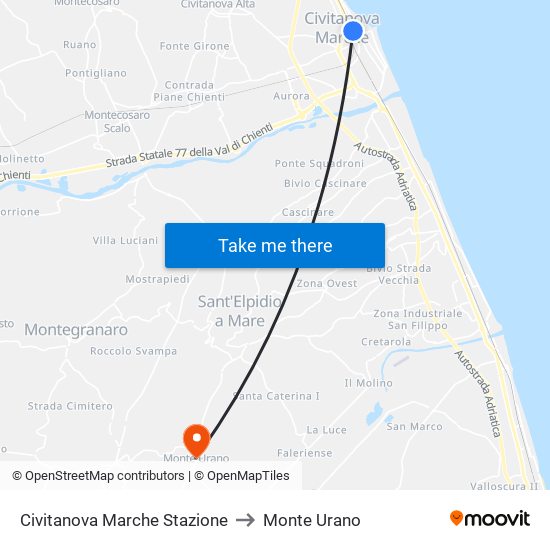 Civitanova Marche Stazione to Monte Urano map