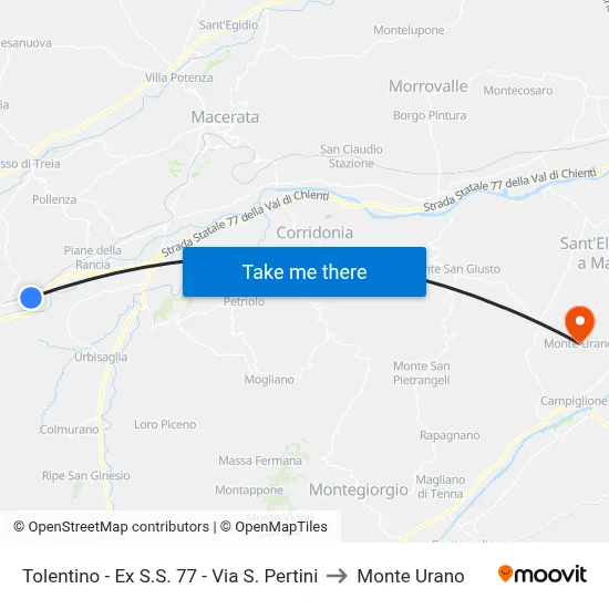 Tolentino - Ex S.S. 77 - Via S. Pertini to Monte Urano map