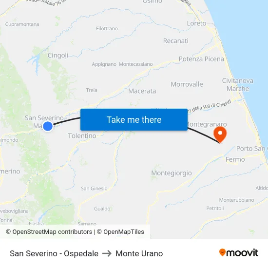 San Severino - Ospedale to Monte Urano map
