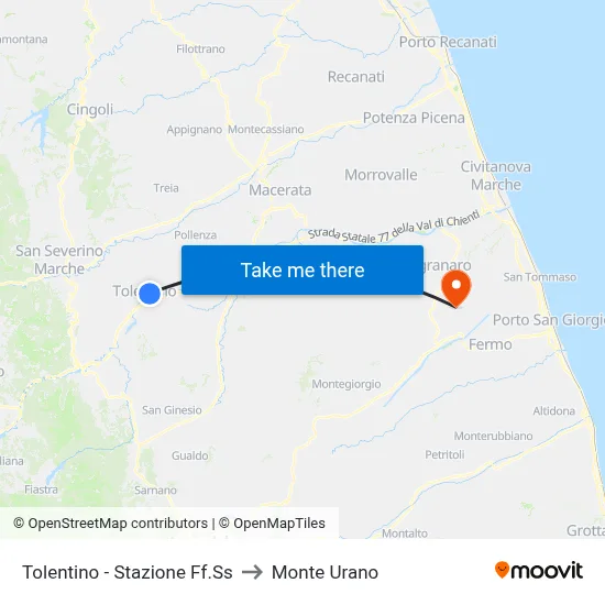 Tolentino - Railway Station to Monte Urano map