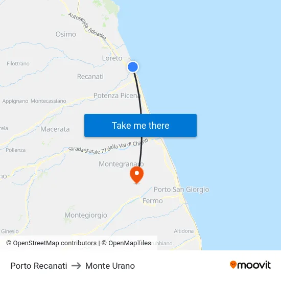 Porto Recanati to Monte Urano map