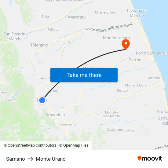 Sarnano to Monte Urano map