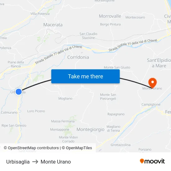 Urbisaglia to Monte Urano map