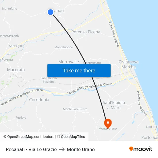 Recanati - Via Le Grazie to Monte Urano map