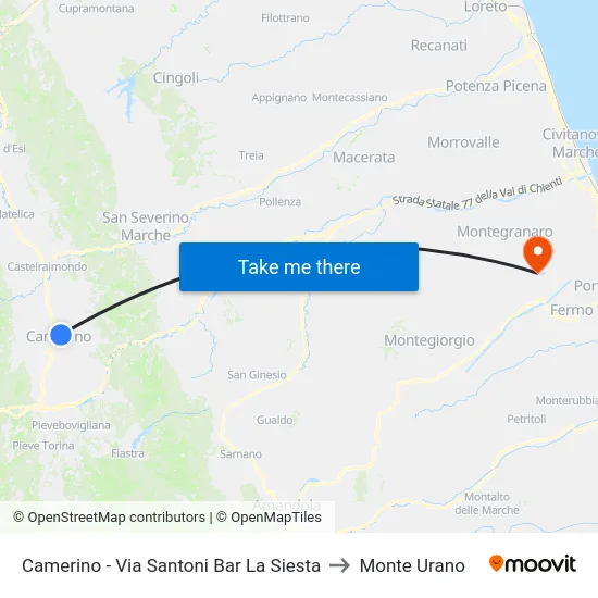 Camerino - Via Santoni Bar La Siesta to Monte Urano map