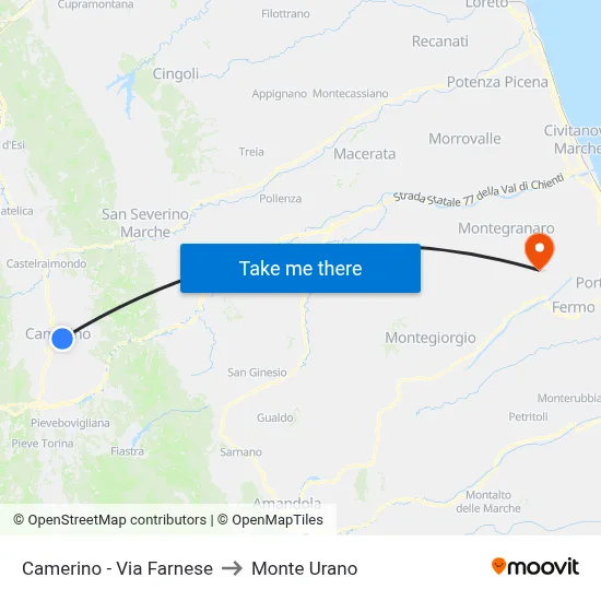 Camerino - Via Farnese to Monte Urano map