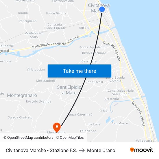 Civitanova Marche - Stazione F.S. to Monte Urano map