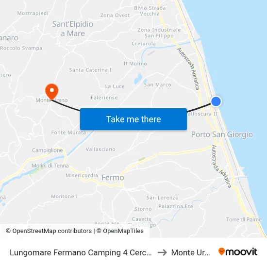 Fermano Waterfront Camping 4 Cerchi Direction to Monte Urano map