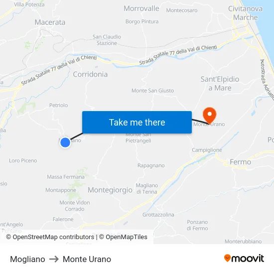 Mogliano to Monte Urano map