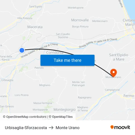 Urbisaglia-Sforzacosta to Monte Urano map