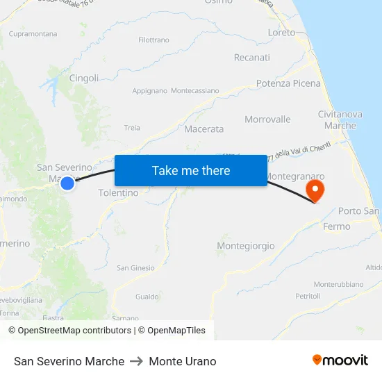 San Severino Marche to Monte Urano map