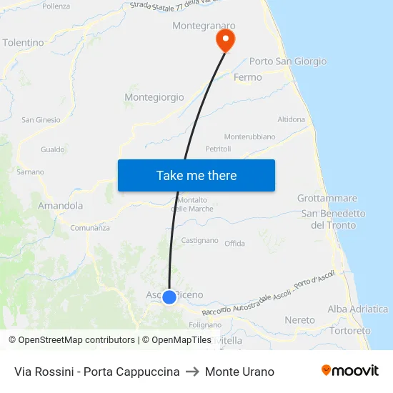 Via Rossini - Porta Cappuccina to Monte Urano map