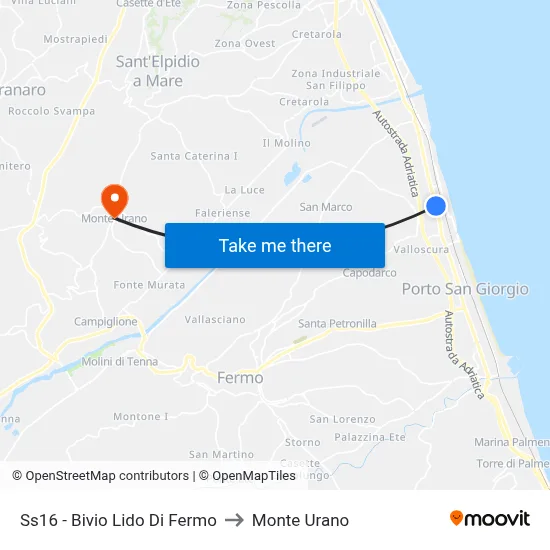 Highway 16 - Lido Di Fermo Junction to Monte Urano map