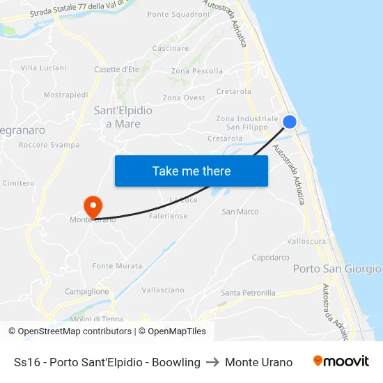 Highway 16 - Porto Sant'Elpidio - Bowling to Monte Urano map