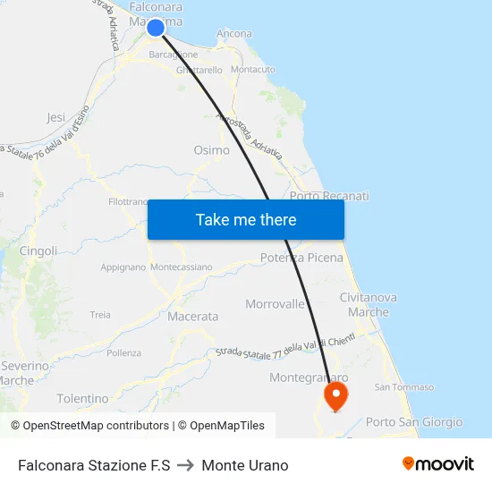 Falconara Train Station to Monte Urano map