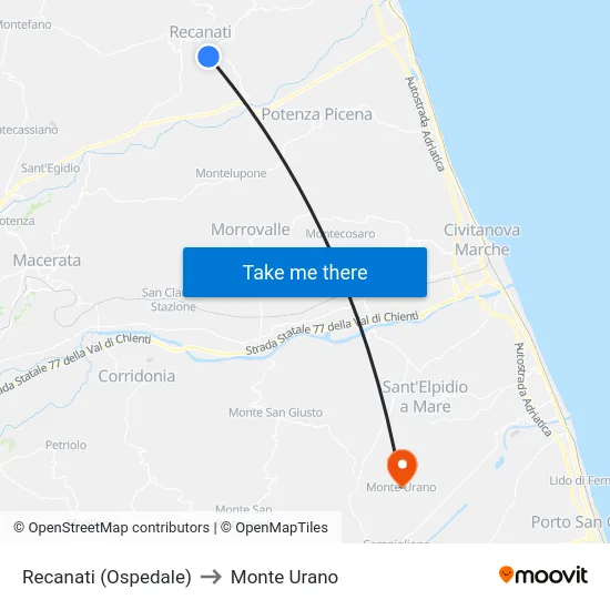 Recanati (Ospedale) to Monte Urano map