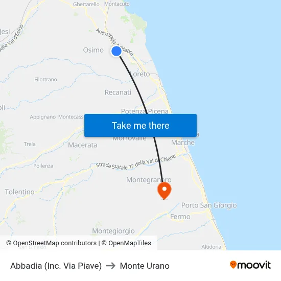 Abbadia (Piave St Junction) to Monte Urano map