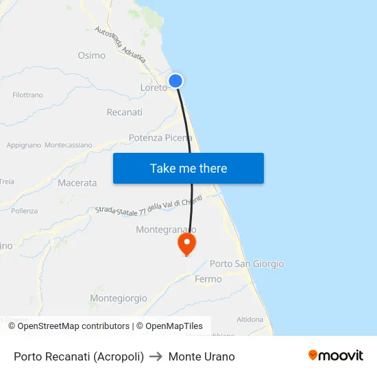 Porto Recanati (Acropoli) to Monte Urano map
