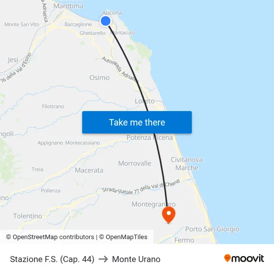 Train Station (Cap. 44) to Monte Urano map