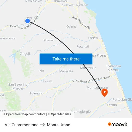 Via Cupramontana to Monte Urano map