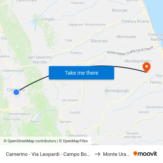 Camerino - Via Leopardi - Campo Boario to Monte Urano map