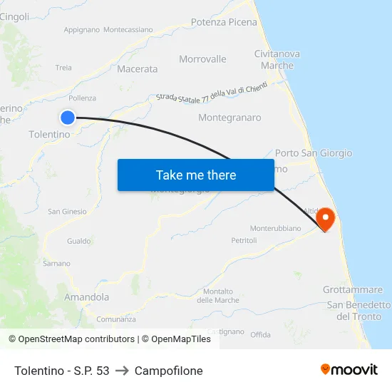 Tolentino  - S.P. 53 to Campofilone map