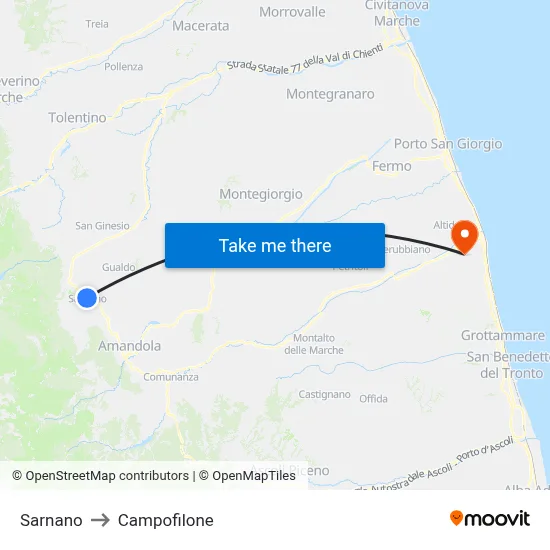 Sarnano to Campofilone map