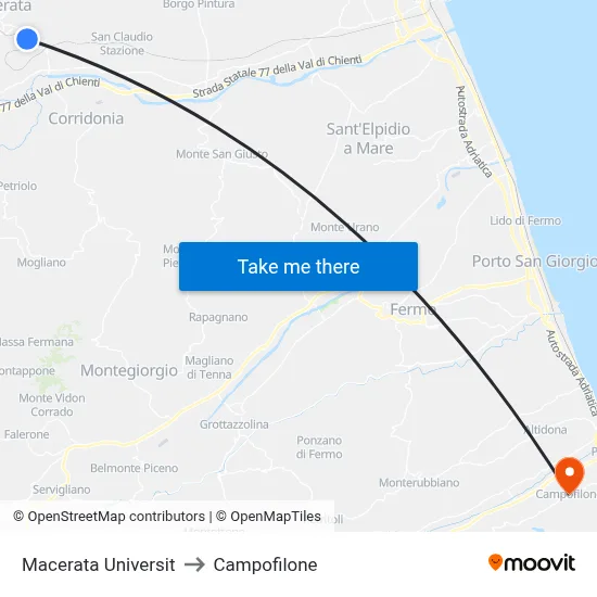 Macerata University to Campofilone map