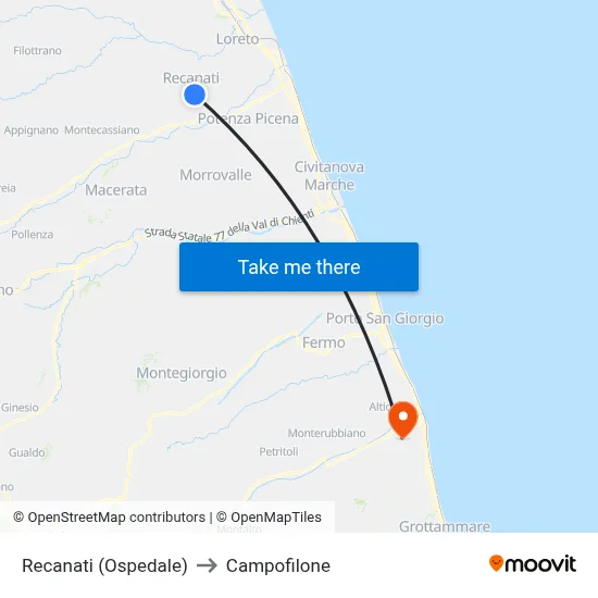 Recanati (Ospedale) to Campofilone map