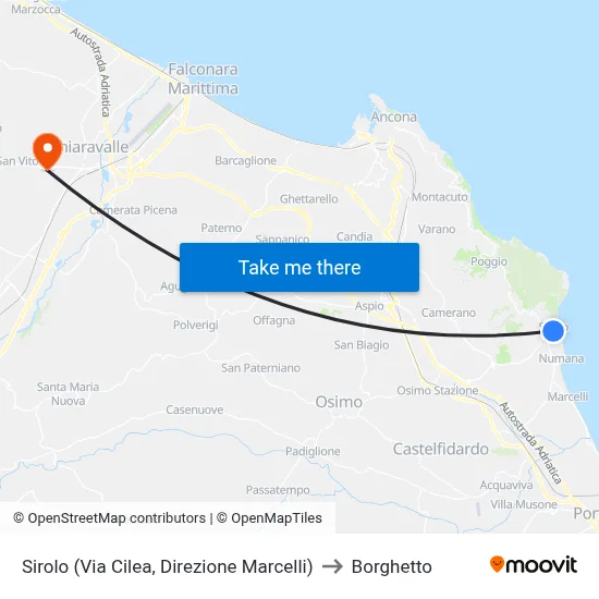 Sirolo (Cilea Street, Direction Marcelli) to Borghetto map