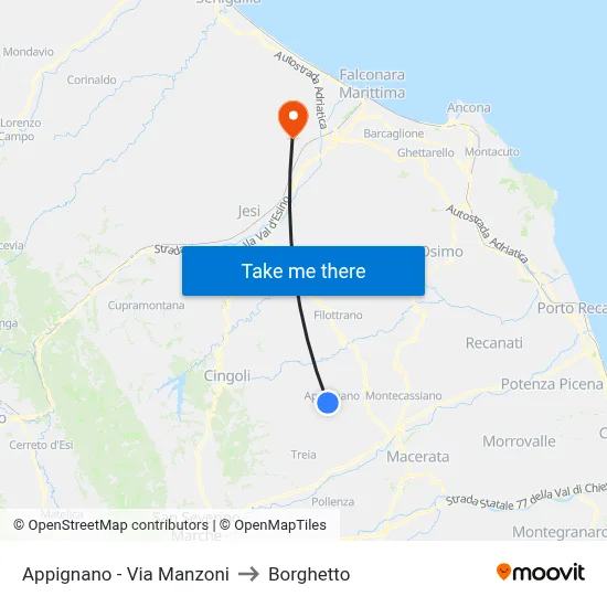 Appignano - Via Manzoni to Borghetto map