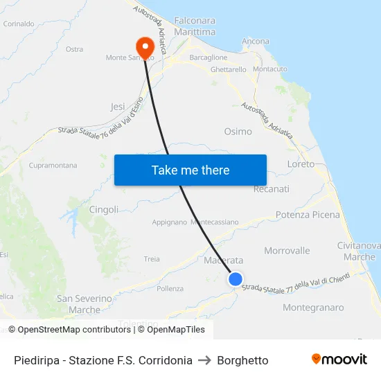 Piediripa - Corridonia Railway Station to Borghetto map