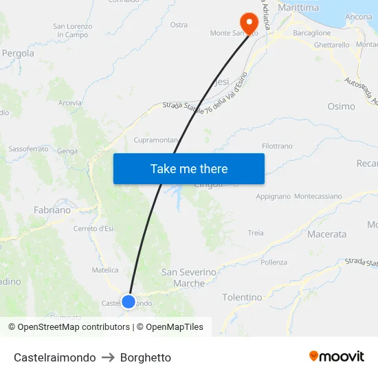 Castelraimondo to Borghetto map