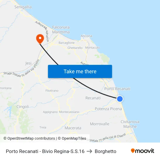 Porto Recanati - Regina-SS16 Junction to Borghetto map